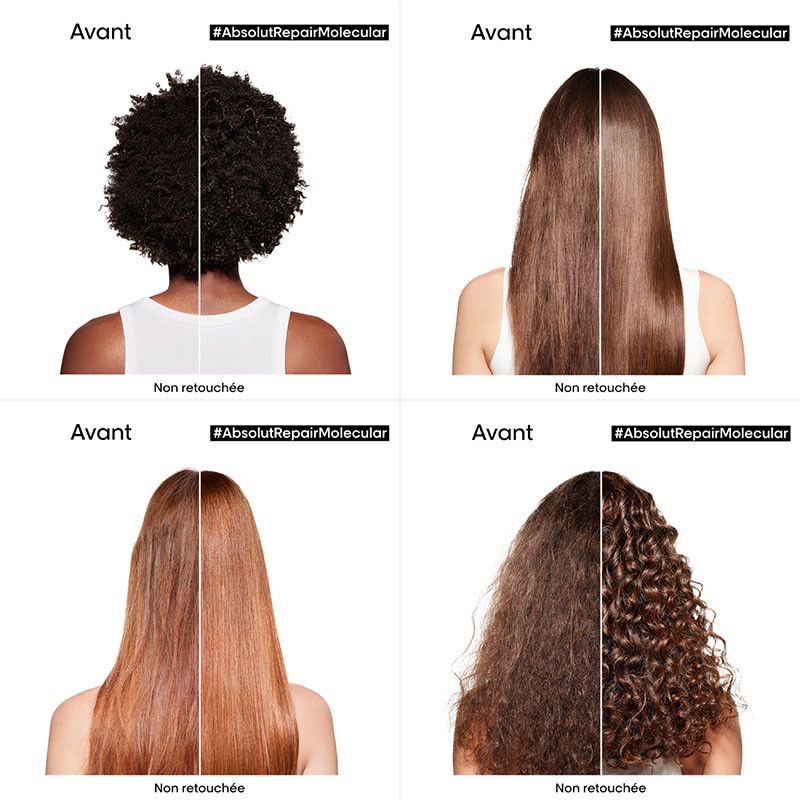 Before/after hair care results on four different hair types, illustrating the rinse-off use phase that drives Scope 3 Category 11 emissions in cosmetics.