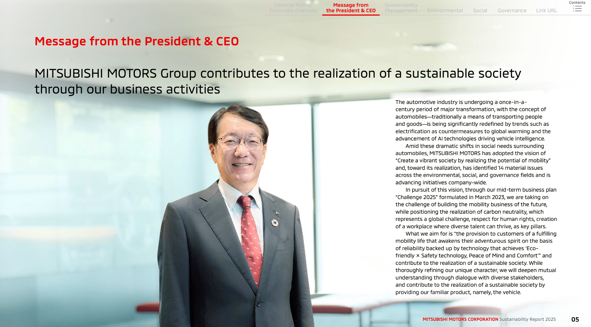 Message from the President & CEO of Mitsubishi Motors — Sustainability Report 2025