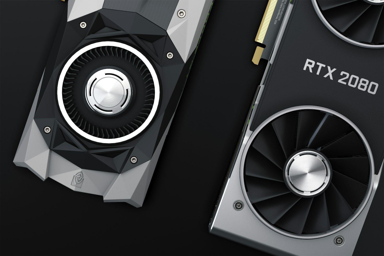 NVIDIA RTX graphics cards on a desk