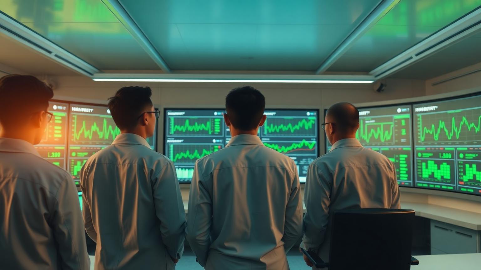 Engineers in a Chinese factory control room reviewing live carbon and energy dashboards