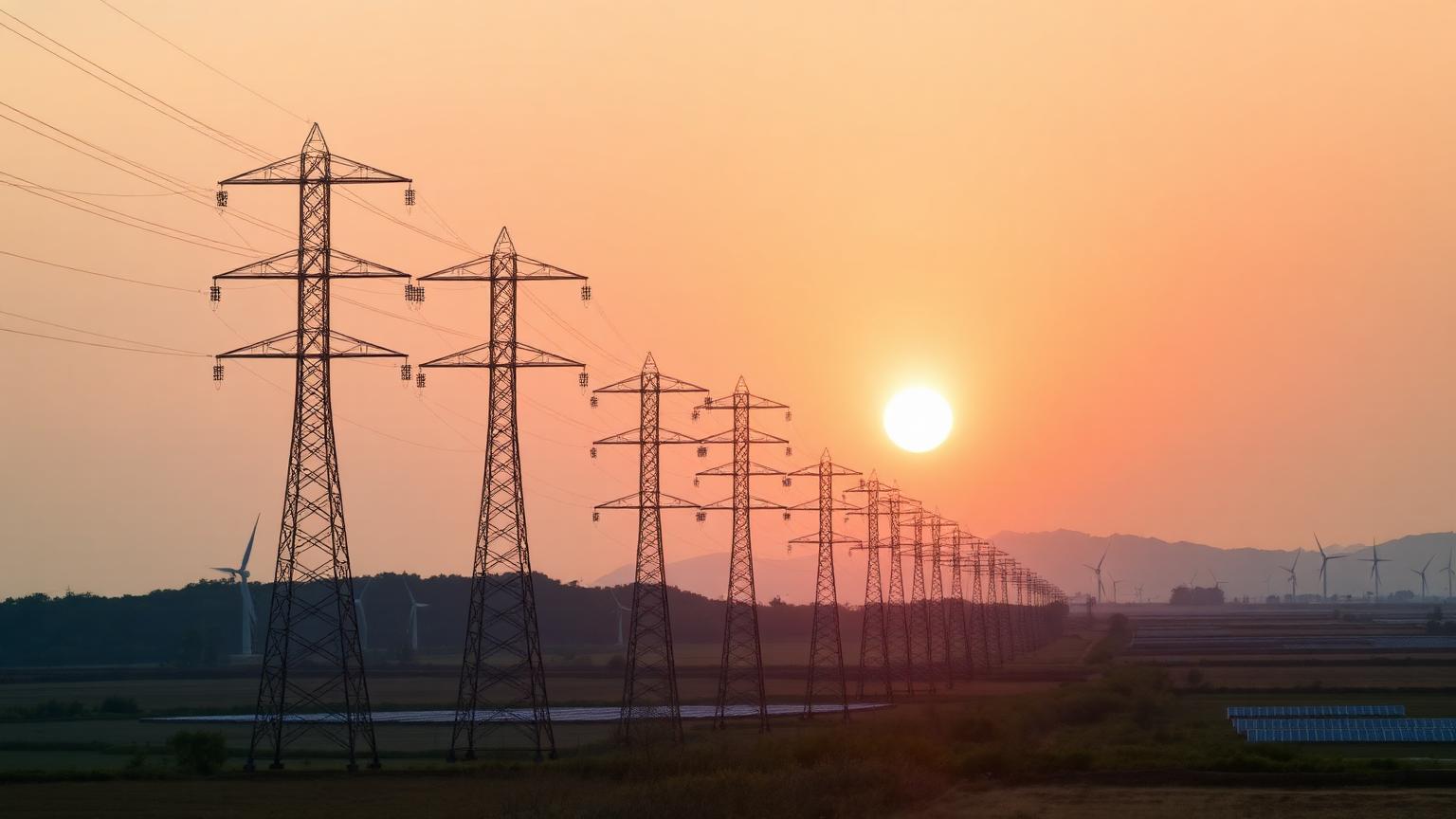 Chinese high-voltage transmission pylons at sunset with wind turbines and solar panels in the background